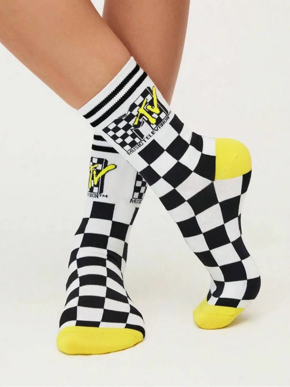 MTV Black, White & Yellow Checkerboard Crew Socks